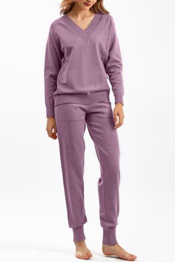 casual slight stretch 7 colors v-neck pocket knitted thin sweater pants sets