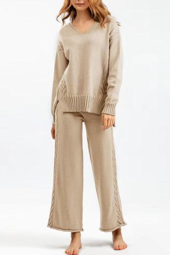 casual slight stretch 5 colors loose slit knitted sweater wide leg pants sets