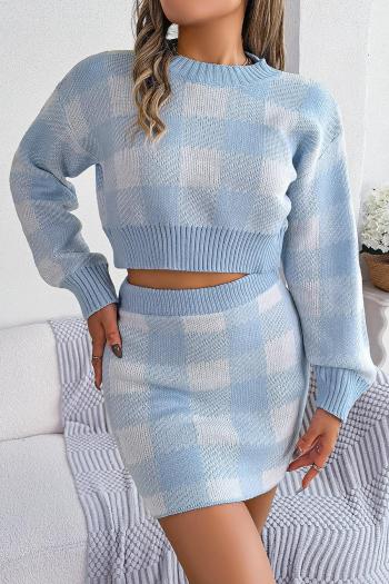 stylish slight stretch lattice knitted 4 colors crop sweater & mini skirt set