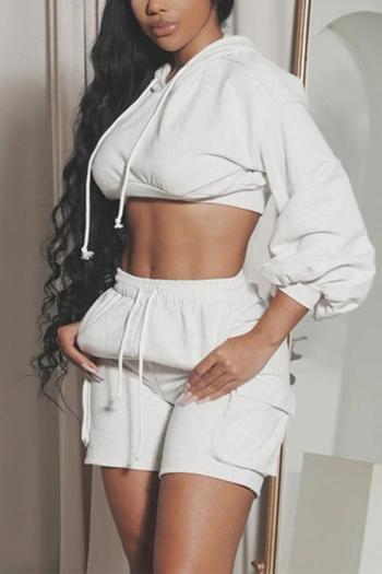 sexy slight stretch solid color hooded drawstring shorts sets