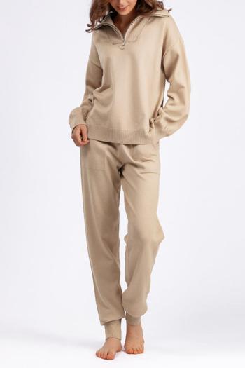 casual slight stretch solid color loose zip-up knitted sweater pants sets