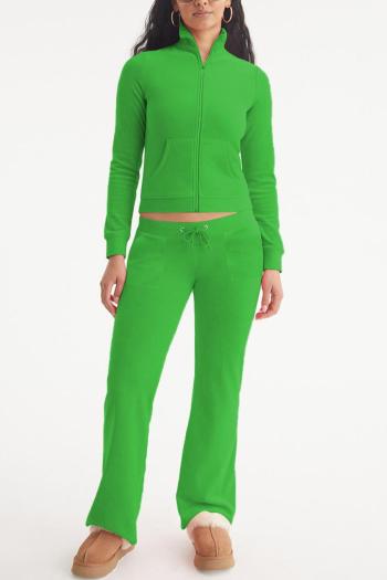casual slight stretch solid color high collar zip-up pants sets
