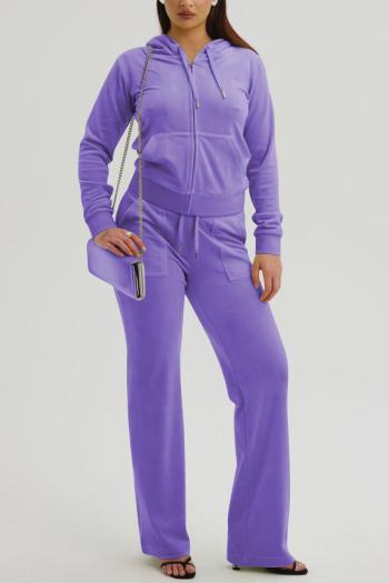 casual slight stretch solid color drawstring hooded zip-up pants sets