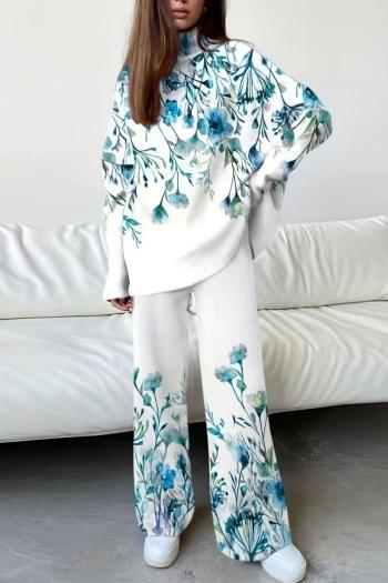 casual plus size slight stretch floral print high collar loose pants sets