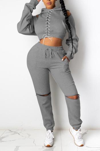 sexy plus size slight stretch solid color lace-up hole sweatshirt pants sets