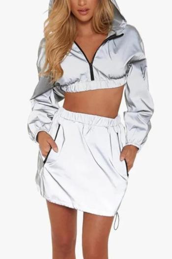 stylish non-stretch reflective hooded crop top & drawstring skirt set