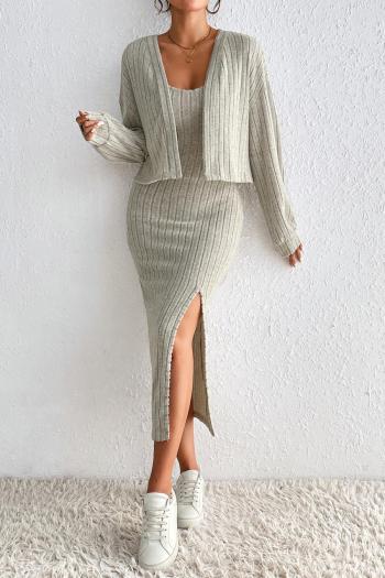 casual slight stretch ribbed knit slit midi dress multi-style two-piece sets