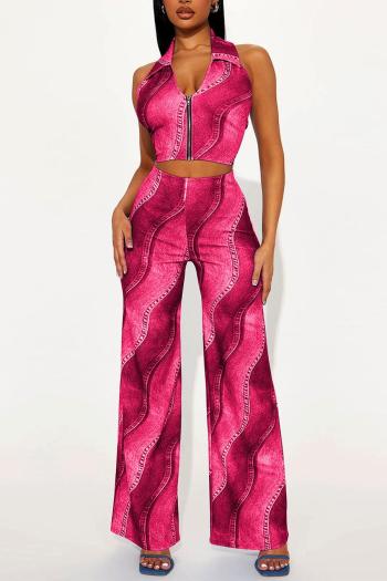 sexy plus size slight stretch printing halter neck zip-up high waist pants sets