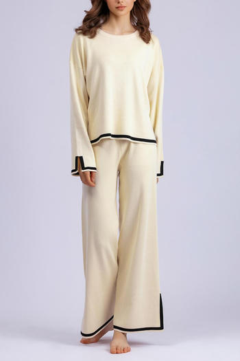 casual slight stretch 7 colors loose knitted slit wide leg pants sets