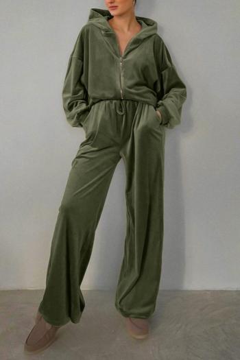 casual slight stretch velvet pure color hooded zip-up sweatshirt & pants set