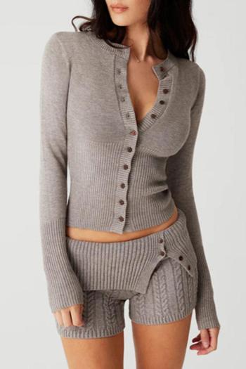solid color slight stretch single breasted cardigan slim knitted shorts set