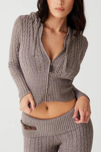 stylish slight stretch zip-up hooded slim casual knitted pants set