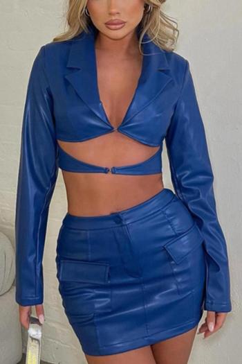 sexy slight stretch pu leather hollow crop blazer & mini skirt set