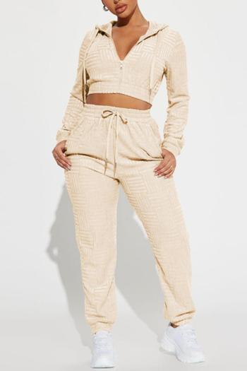 casual plus size slight stretch jacquard hooded zip-up pocket pants sets