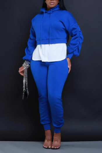 casual plus size slight stretch patchwork hooded sweatshirt pants sets