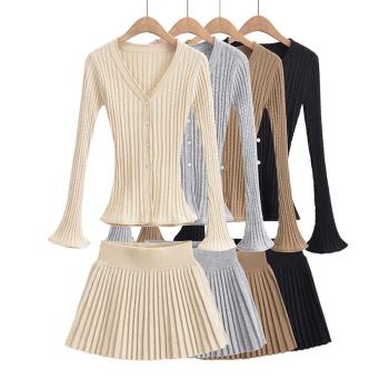 pure color sexy slight stretch single breasted pleated skirt set size run small