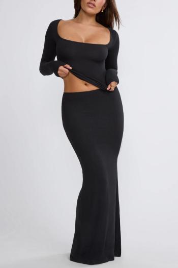 Plus size square collar stretch ribbed knit slim casual maxi skirt set