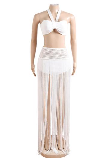 Sexy pure color stretch halter-neck zip-up tassel stitching skirt set