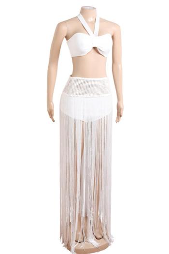 Sexy pure color stretch halter-neck zip-up tassel stitching skirt set