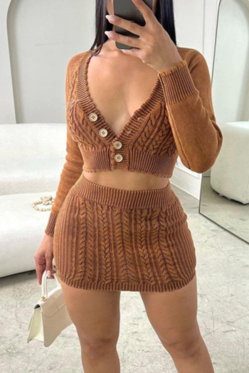 sexy slight stretch ribbed knit solid color v-neck mini skirt sets