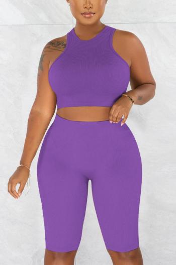 casual plus size slight stretch pure color ribbed knit shorts sets
