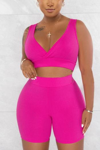 casual plus size slight stretch pure color ribbed knit v-neck shorts sets