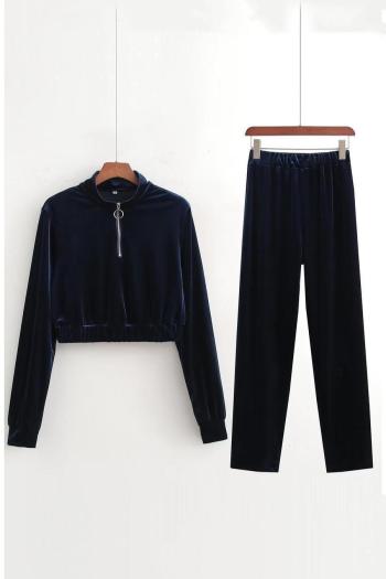 stylish slight stretch velvet pure color zip-up top & pants set(size run small)