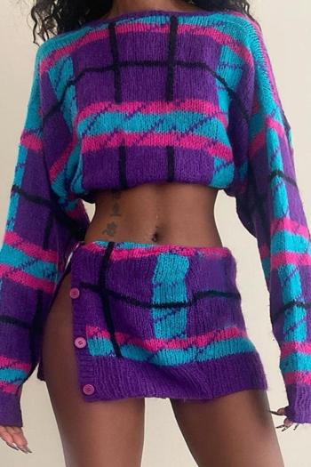 sexy slight stretch checkered knitted backless crop sweater & mini skirt set