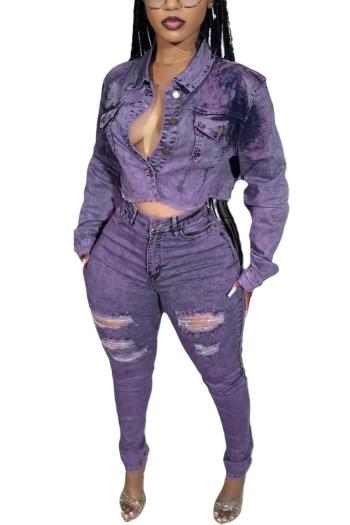 stylish plus size slight stretch denim crop jacket & ripped jeans set