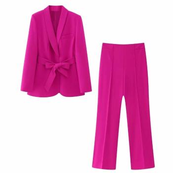 casual non-stretch 8 colors solid color suit collar with belt pants sets