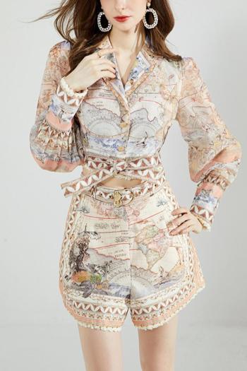 sexy non-stretch palace style printing suit collar lace-up shorts sets
