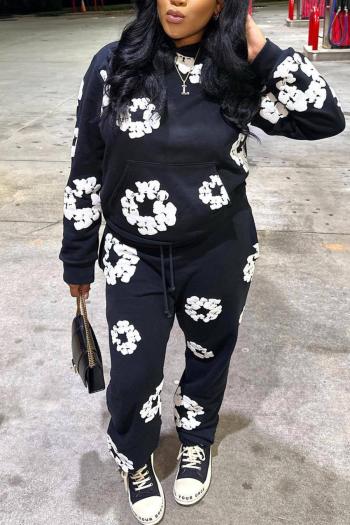 casual plus size slight stretch floral printing hooded sweatshirt pants sets