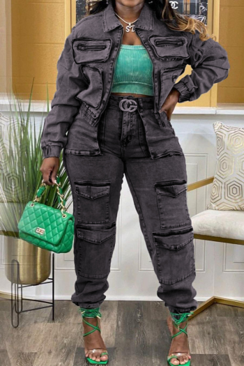 stylish plus size slight stretch multi-pocket zip-up cargo denim pants sets