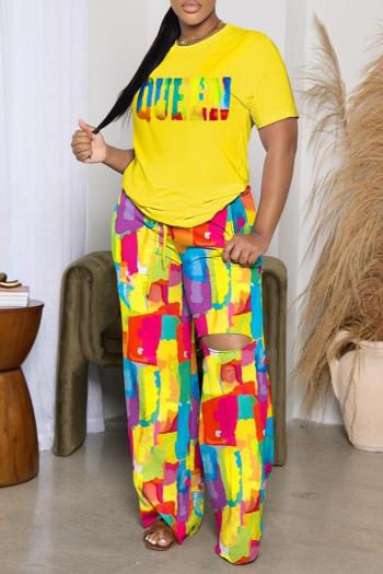 casual plus size slight stretch multicolor printing hole decor pants sets