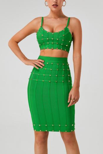 sexy slight stretch solid color sling tight rivet zip-up midi skirt sets