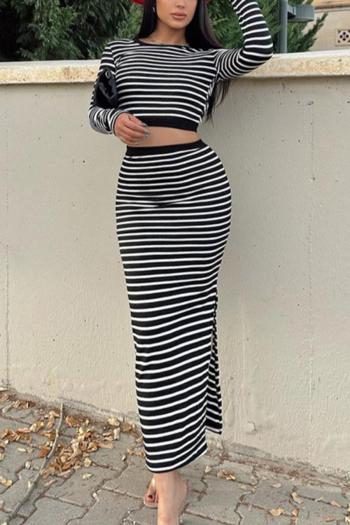 sexy slight stretch stripe printing crew neck slit maxi skirt sets