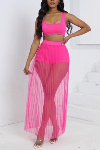 sexy plus size slight stretch crop vest tight shorts pleated mesh maxi skirt