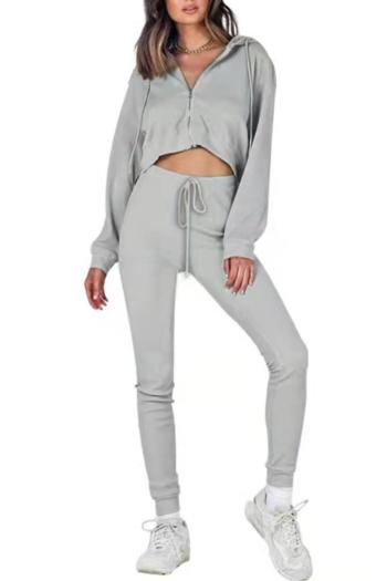 casual slight stretch solid color waffle fabric hooded zip-up pants sets