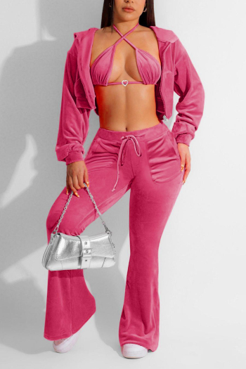 sexy plus size slight stretch solid color velvet hooded three-piece sets
