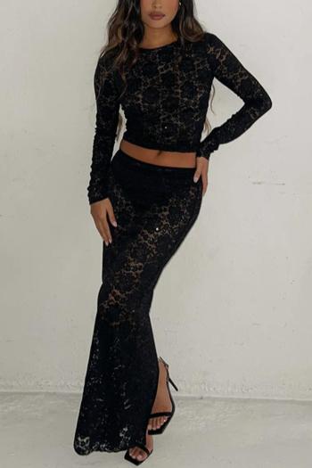 sexy slight stretch solid color see-through lace crew neck slit maxi skirt sets