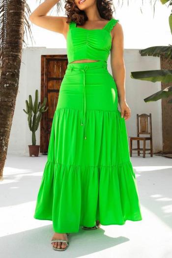 sexy slight stretch solid color sling shirring zip-up maxi skirt sets
