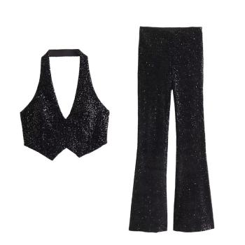 sexy non-stretch backless crop vest sequins zip-up pants sets size run small