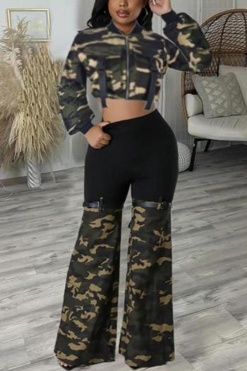 casual plus size slight stretch camouflage zip-up crop top flared pants sets