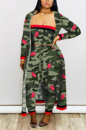 casual slight stretch camo print tube top and pants coat three-piece sets