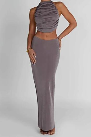 sexy slight stretch solid color halter-neck lace-up maxi skirt sets