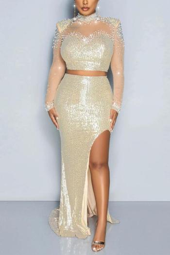 sexy plus size stretch sequina pearl rhinestone shoulder pad maxi skirt sets