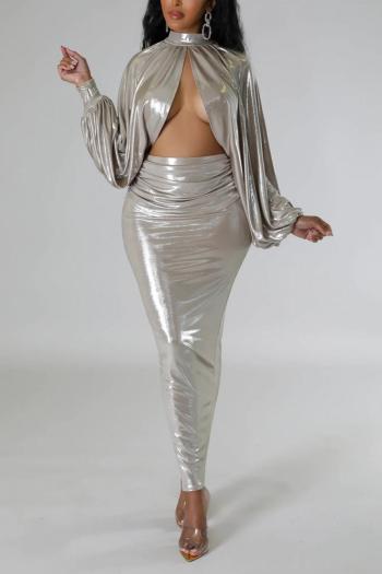 sexy plus size slight stretch solid color holographic backless maxi skirt sets
