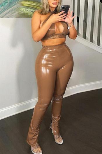 sexy slight stretch solid color pu tight halter neck backless two-piece sets
