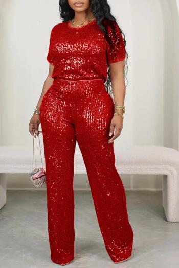 casual plus size slight stretch sequin short sleeve top & straight pants set