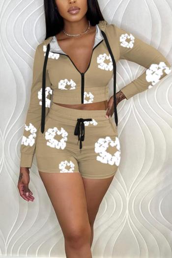 casual plus size non-stretch floral print hooded crop  short sets